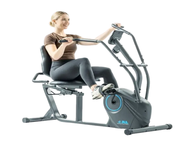 Senior exercising on a stationary bike at home