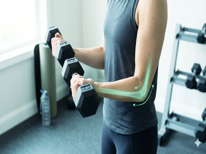 A detailed medium shot of a woman performing a controlled dumbbell bicep curl with proper form and joint alignment, demonstrating the practical application of tips from the article on how to prevent joint pain during home strength training, with the dumbbell rack visible on a shock-absorbing mat.