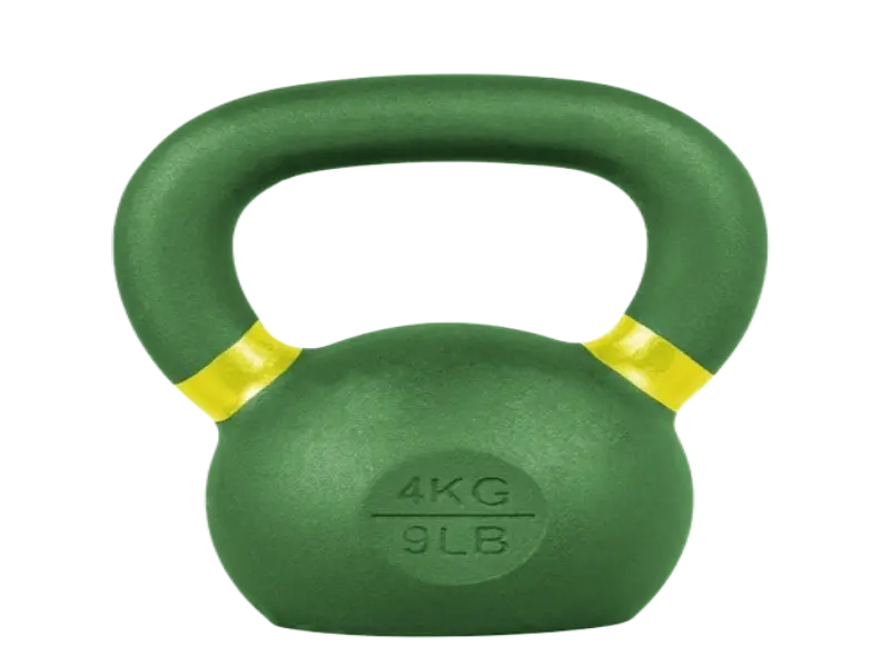 Side-by-side comparison of hex dumbbells and a cast iron kettlebell on a wooden floor representing weight options for diabetic fitness and strength training