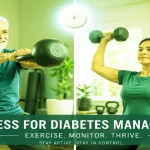 Split-screen image comparing a man exercising with a kettlebell to a woman using dumbbells, representing workout choices for diabetes management.