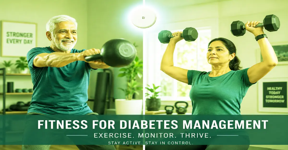 Split-screen image comparing a man exercising with a kettlebell to a woman using dumbbells, representing workout choices for diabetes management.