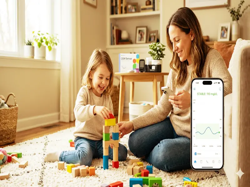 A close-up of a child wearing a Continuous Glucose Monitor (CGM) sensor on their arm, showing modern technology for managing type 1 diabetes safely at home.