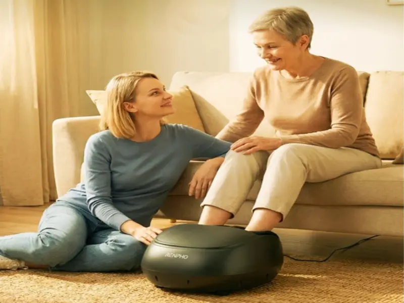 A person deciding between a manual and an electric foot massager, highlighting the safest choice for someone with diabetes to improve circulation.