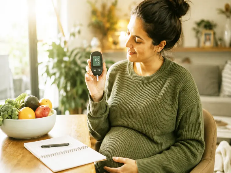 A medical professional explaining a safe gestational diabetes diet plan to a pregnant woman.