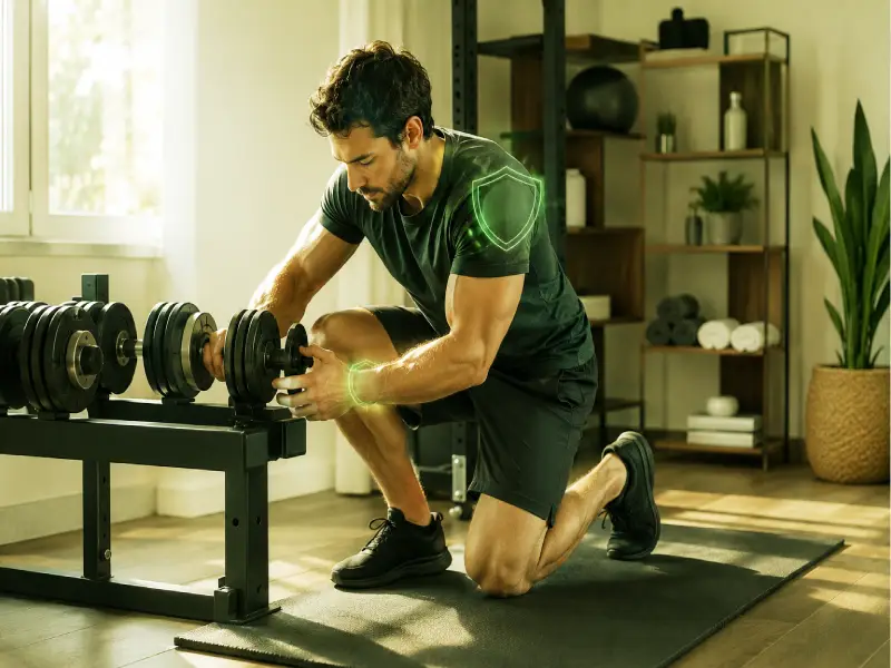 A close-up view of a person withathletic build wearing dark gray activewear, correctly gripping two black hexagonal rubber dumbbells with straight wrists and controlled motion during a home bicep curl. The detailed image, set against a tidy home background with a dumbbell rack and soft daylight, illustrates specific joint safety techniques.