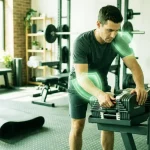 A focused woman performing a controlled dumbbell squat with proper form on a protective gym mat, demonstrating how to prevent joint pain during home strength training with a clear green shield graphic highlighting knee safety and a dumbbell rack in the background.