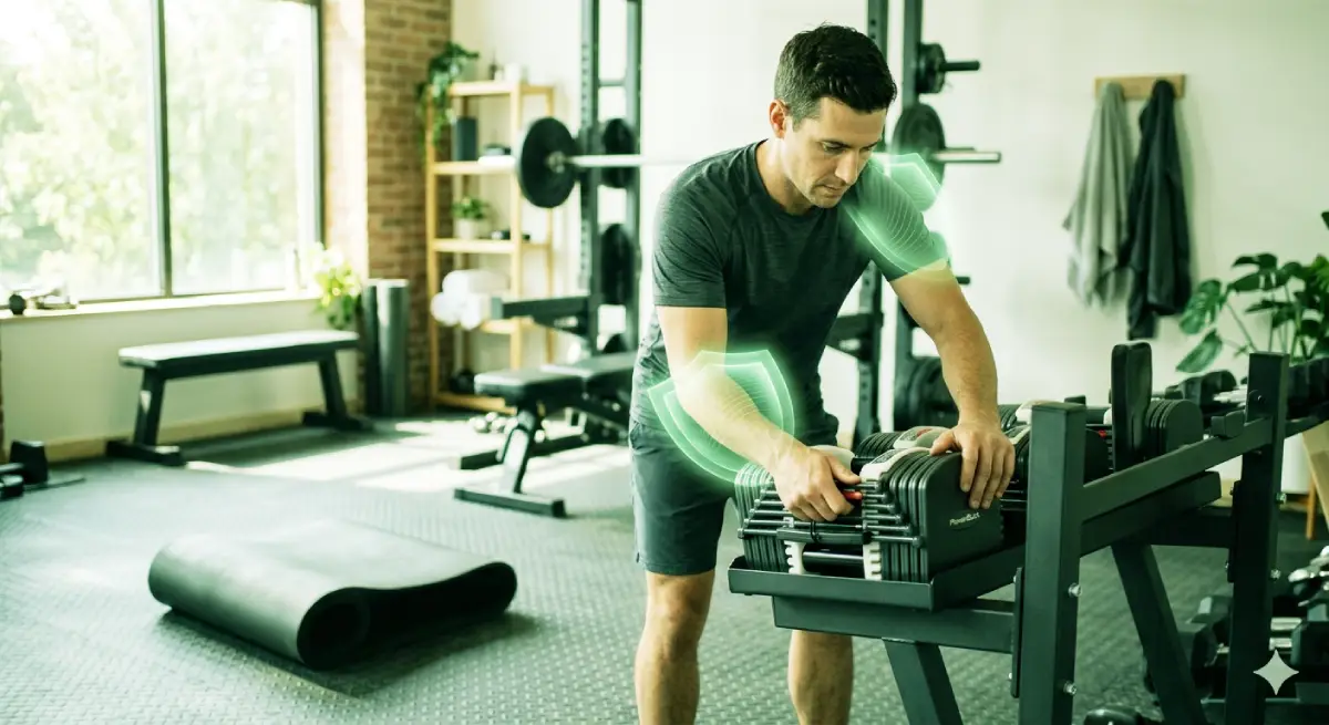 A focused woman performing a controlled dumbbell squat with proper form on a protective gym mat, demonstrating how to prevent joint pain during home strength training with a clear green shield graphic highlighting knee safety and a dumbbell rack in the background.