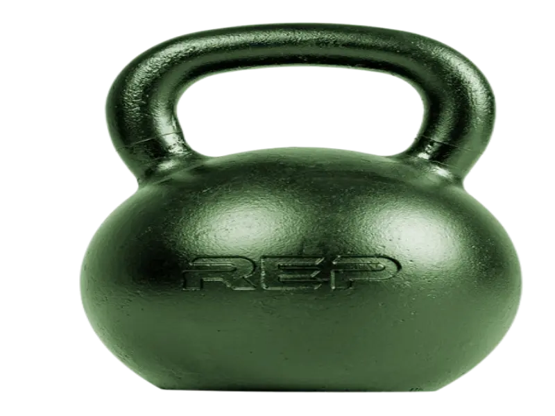 REP Fitness Premium Single-Piece Cast Iron Kettlebell with smooth matte textured finish and color-coded handle bands
