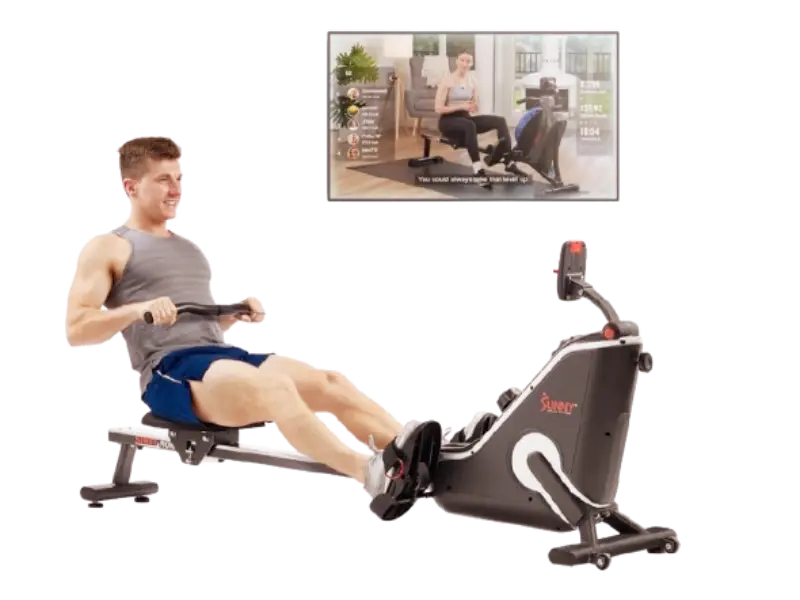 Sunny Health & Fitness magnetic rowing machine with folding design for home exercise.