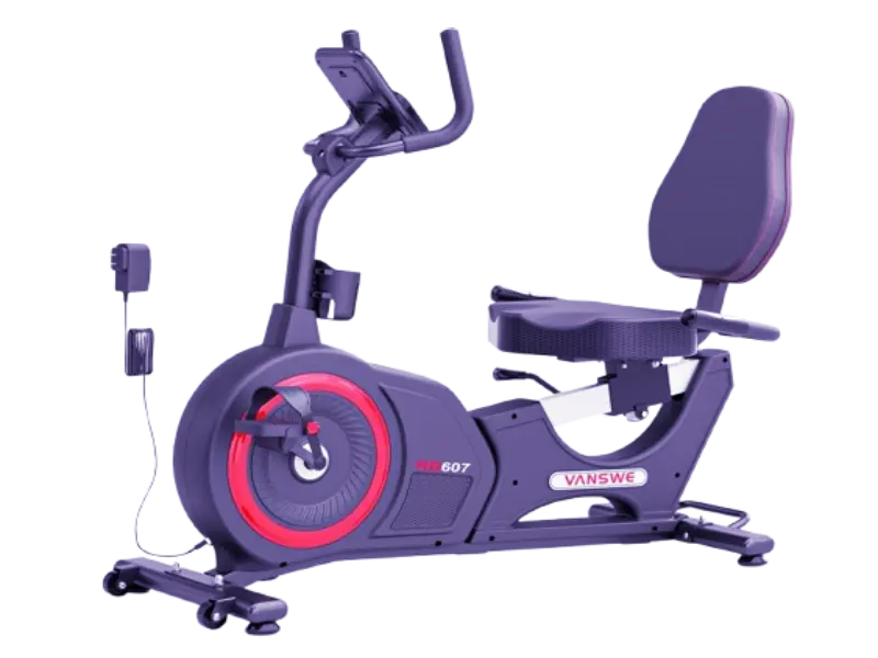 Stationary recumbent bike with clear metrics display and device holder for home fitness tracking.