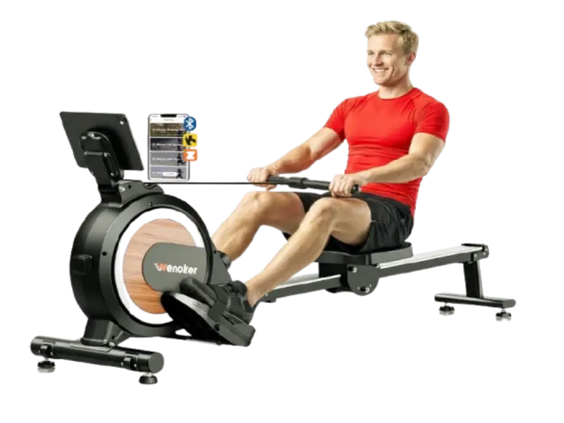 Wenoker magnetic rowing machine with ergonomic cushioned seat for comfortable home fitness.