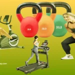 A safe, bright home gym setup for diabetic fitness featuring adjustable dumbbells, a kettlebell, a rowing machine, a wobble board, and a blood glucose monitoring station with defensive socks.