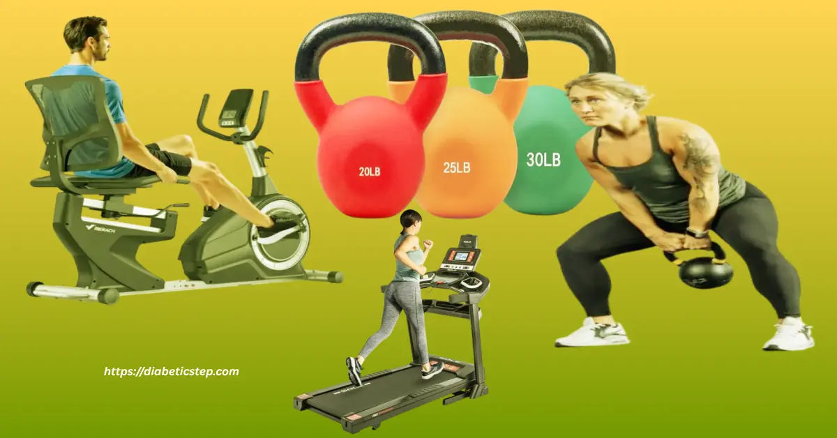A safe, bright home gym setup for diabetic fitness featuring adjustable dumbbells, a kettlebell, a rowing machine, a wobble board, and a blood glucose monitoring station with defensive socks.