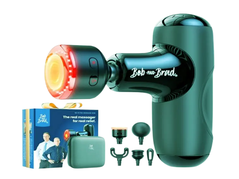 The portable BOB AND BRAD Q2 Ultra Mini massage gun with its specialized red light infrared heating head attached for chronic muscle stiffness relief.