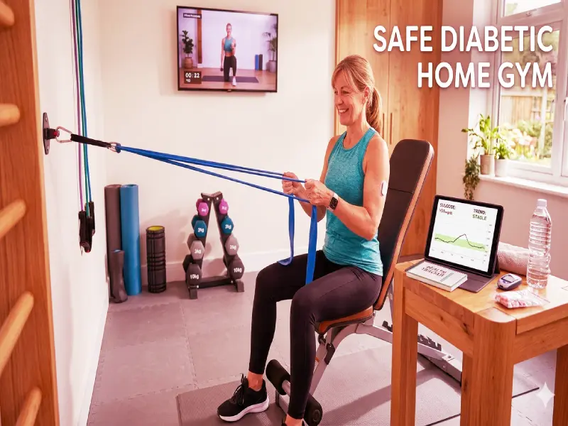 A fully equipped safe diabetic home gym with adjustable dumbbells, a colorful kettlebell, a magnetic rowing machine, a wooden wobble board, and a glucose monitoring meter on the table.