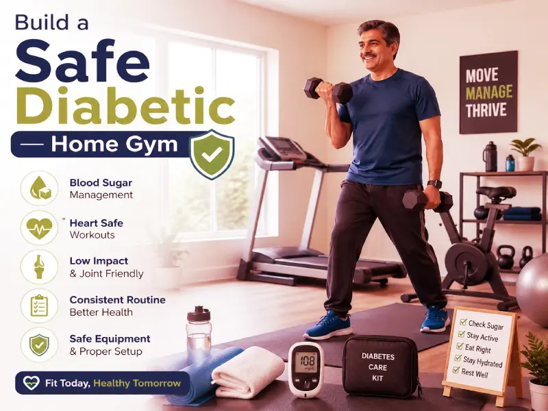 Essential exercise equipment and safety tracking tools arranged neatly in a bright, modern diabetic home gym setup with a routine poster on the wall.