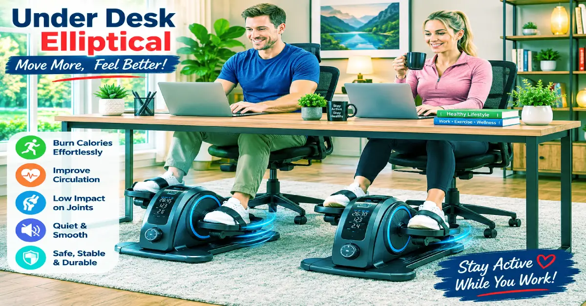 A middle-aged American woman sitting comfortably in a well-decorated living room, practicing safe home cardio using a Cubii under desk elliptical exerciser.