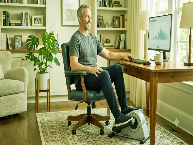 A detailed view of the compact grey Cubii under desk elliptical unit showing its pedals and control dial, positioned on a patterned rug under a wooden desk, as a woman exercises.