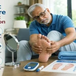 Infographic guide illustrating diabetic foot care to prevent amputation with daily safety steps, neuropathy indicators, and proper footwear choice.