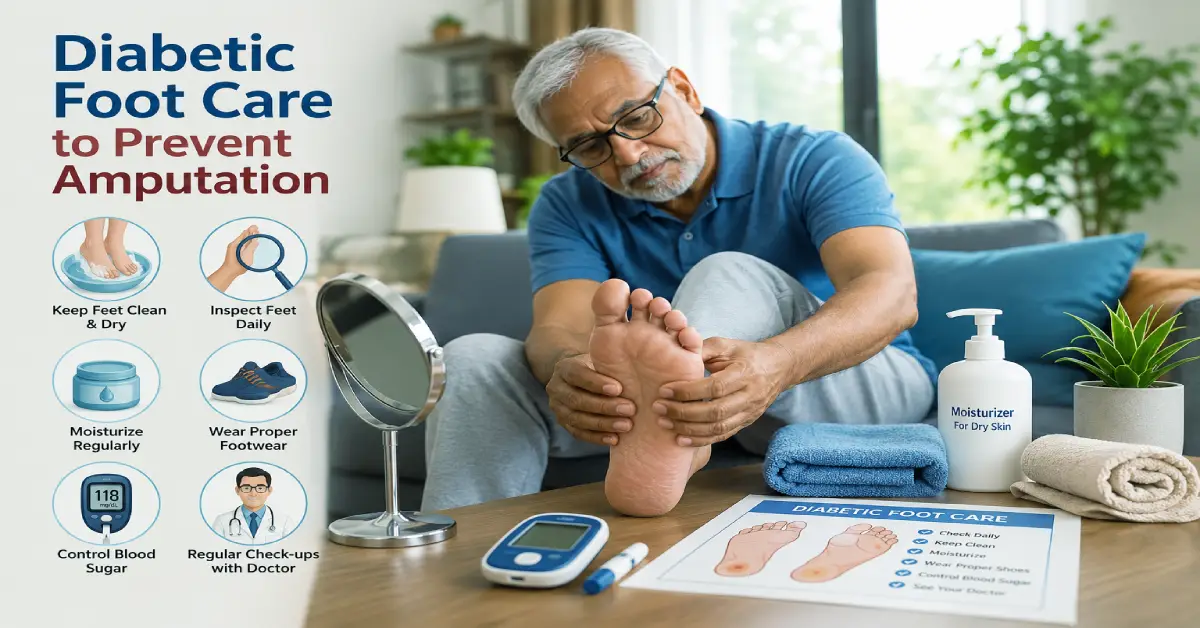Infographic guide illustrating diabetic foot care to prevent amputation with daily safety steps, neuropathy indicators, and proper footwear choice.