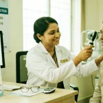 A senior South Asian woman with clear eyesight looking into a illuminated mirror in a safe home environment, symbolizing diabetic retinopathy prevention and proactive vision care.