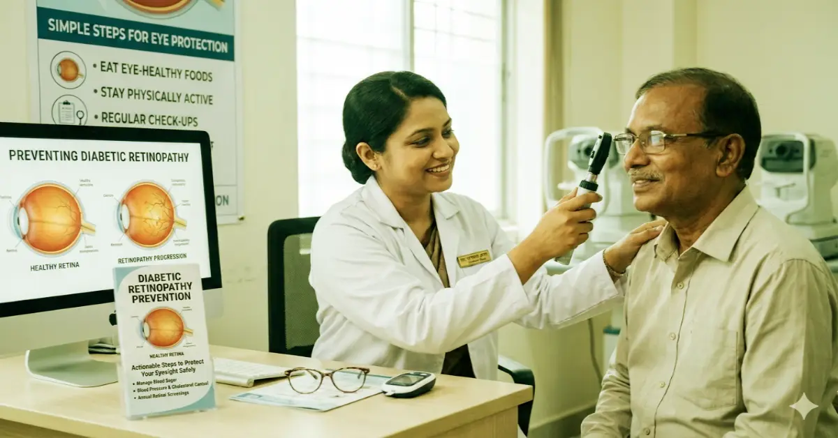 A senior South Asian woman with clear eyesight looking into a illuminated mirror in a safe home environment, symbolizing diabetic retinopathy prevention and proactive vision care.