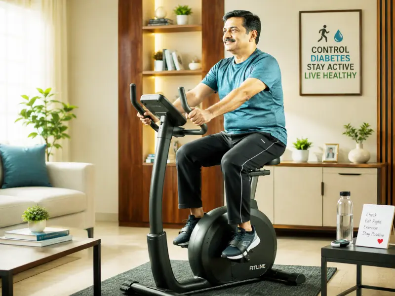 A middle-aged Bangladeshi woman with short grey hair stands confidently in her sunny living room next to a stationary exercise bike, with a visible "Diabetes Journal" and a sign reading "Start Building Your Active Lifest
