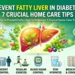 An educational infographic illustration showcasing a healthy, smiling liver at the center, surrounded by icons for diabetic home care tips including Mediterranean diet, regular exercise, hydration, and restorative sleep.