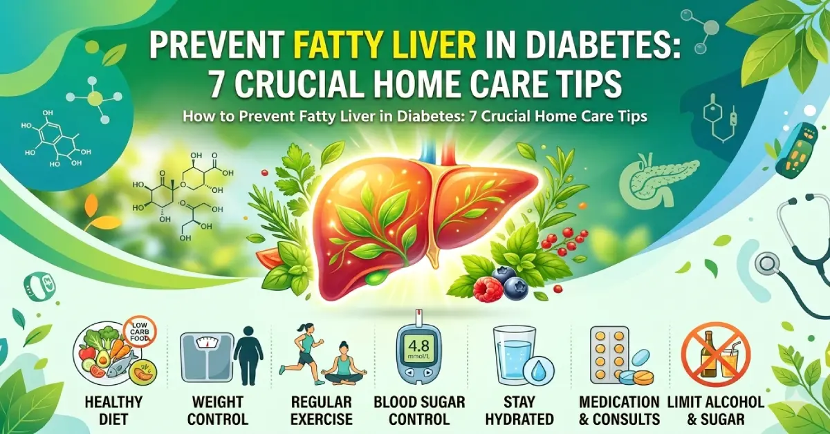 An educational infographic illustration showcasing a healthy, smiling liver at the center, surrounded by icons for diabetic home care tips including Mediterranean diet, regular exercise, hydration, and restorative sleep.
