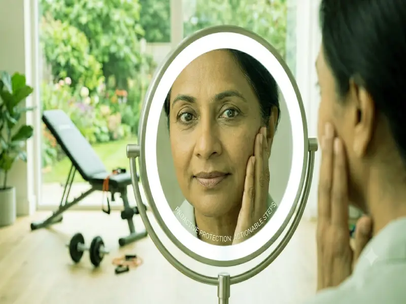 Close-up of a senior South Asian woman examining her clear eyes in a lighted mirror, focused on preventing diabetic retinopathy.