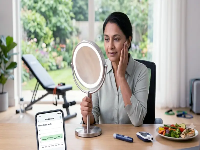 Close-up shot of healthy human eyes in an illuminated vanity mirror during a home wellness check for type 2 diabetes management.