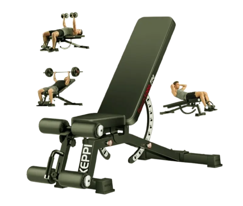 Keppi commercial grade 1200LB adjustable weight bench set with 12 plus 3 positioning matrix.
