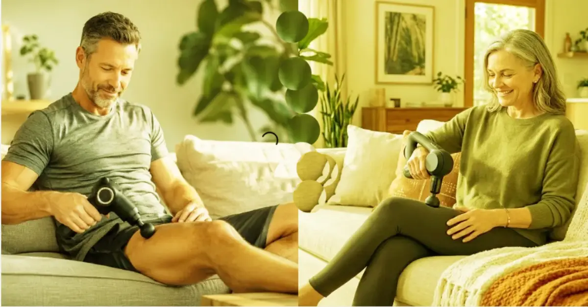 A high-quality, professional feature image illustrating a person with diabetes comfortably using a handheld massage gun on their leg in a cozy, sunlit living room to treat muscle stiffness and aid recovery.