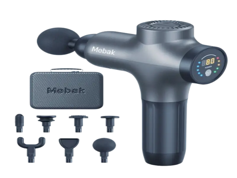 The Mebak 3 professional deep tissue massage gun with a built-in pressure sensor optimized for safe diabetic muscle recovery.