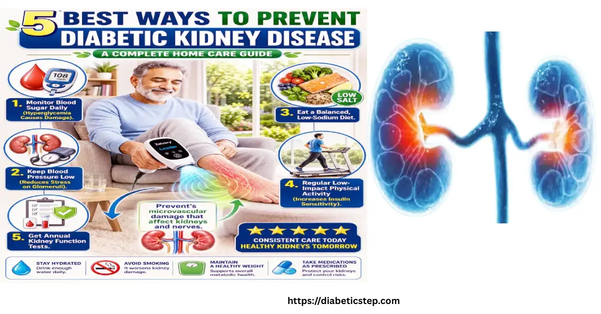 An infographic featured image titled '5 KEY WAYS TO PREVENT DIABETIC KIDNEY DISEASE', showing a simplified patient using a Zelvory cold laser device on their foot for healing waves. It features large icons and bold text outlining: 1. DAILY SUGAR MONITORING, 2. LOW BLOOD PRESSURE, 3. BALANCED DIET, 4. PHYSICAL ACTIVITY, and 5. ANNUAL TESTS, for concise, accessible health information.