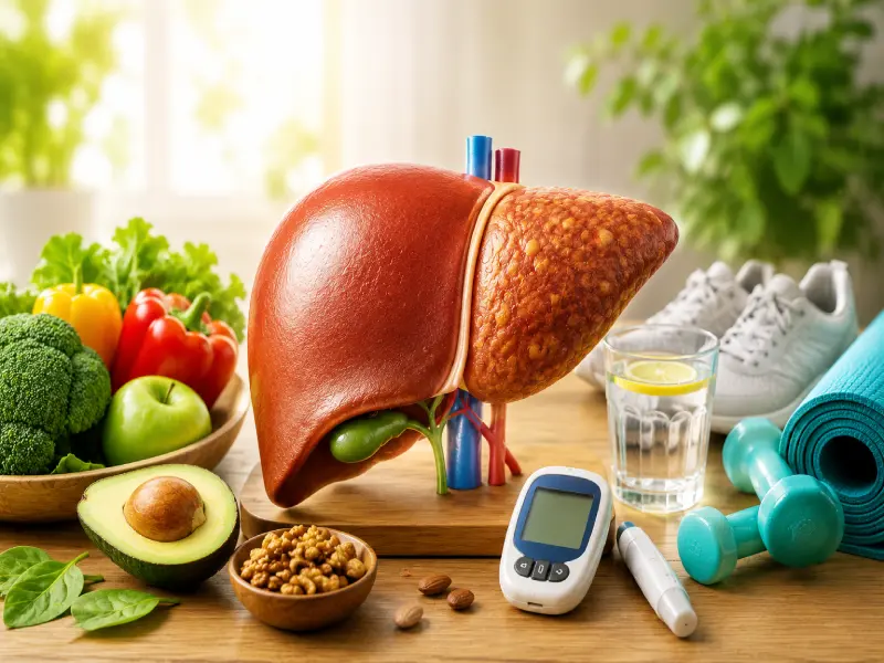 A colorful variety of fresh Mediterranean foods including broccoli, salmon, whole oats, avocado, and green tea arranged on a kitchen counter for diabetic liver care.