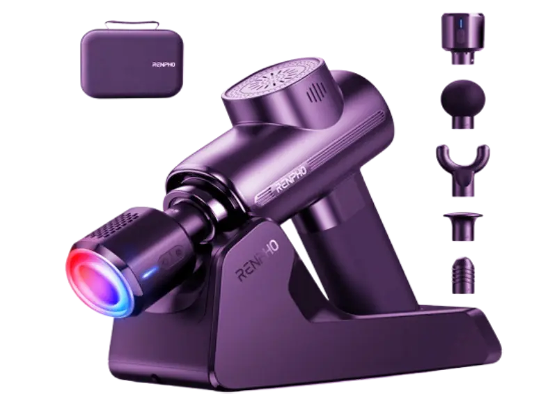 The premium RENPHO Active Thermacool Deluxe massage gun docked on its desktop charging stand, highlighting its heat and cold thermal therapy design.