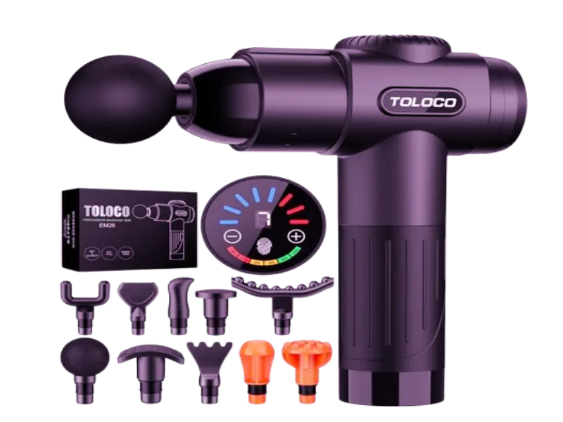 The TOLOCO percussion massage gun kit displaying its digital LED touchscreen control panel and 10 interchangeable specialized massage heads.