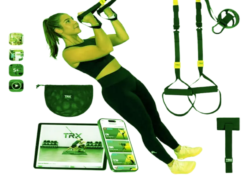 Close-up details of the TRX GO Suspension Trainer straps and comfortable non-slip foam handles anchored firmly for physical therapy session.