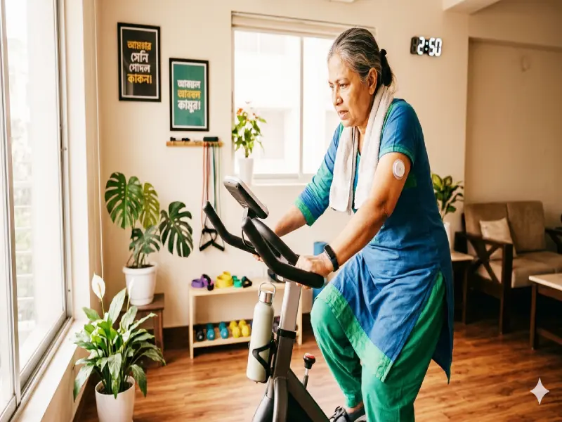 A dedicated diabetic woman in a green tunic prepares to exercise at home on a stationary bike, showing a determined pose next to an "Active Lifestyle" sign, symbolizing her commitment to controlling blood sugar with home-based physical therapy.