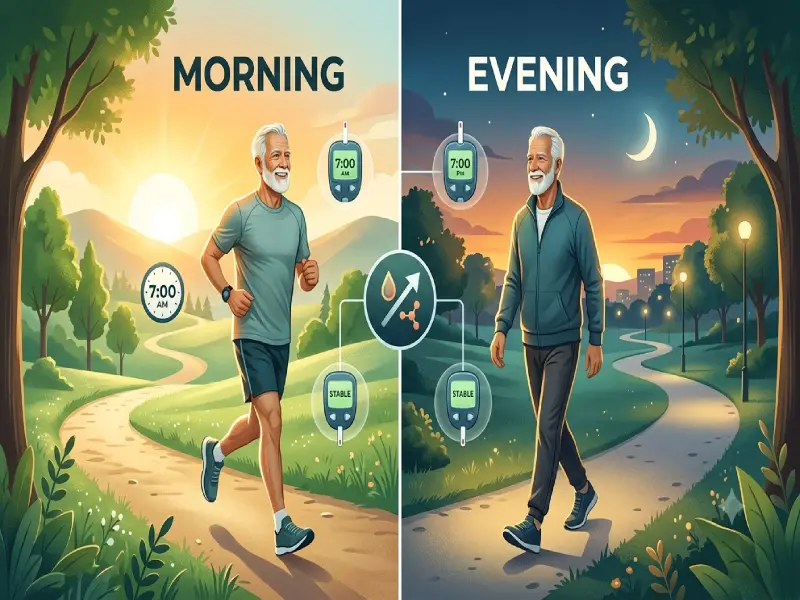 A vibrant illustration of a smiling senior man jogging in active wear on a sunny, winding path, representing morning exercise for diabetes management to combat the dawn phenomenon.