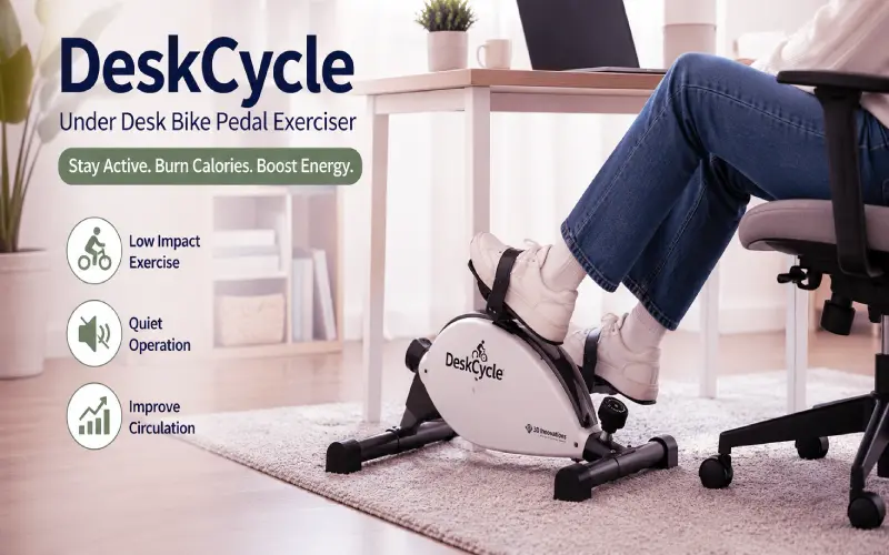 A person uses the white DeskCycle elliptical to improve blood circulation and manage diabetes while sitting at their desk.