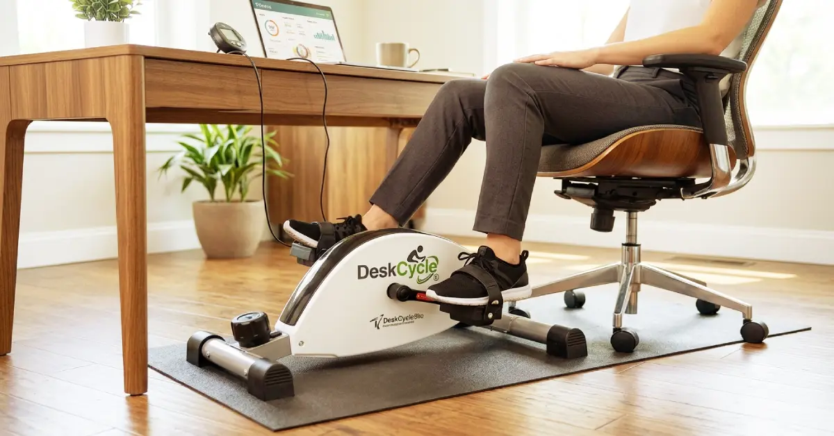 The DeskCycle white under-desk bike pedal exerciser actively used by a professional while working at their home office desk.