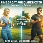 A dual-concept illustration for diabetic fitness showing a senior man active at two different times: on the left, jogging on a sunny park path labeled 'MORNING' (7:00 AM), and on the right, walking calmly on a twilight path labeled 'EVENING' (7:00 PM). The center features a stylized molecule graphic indicating glucose balance.