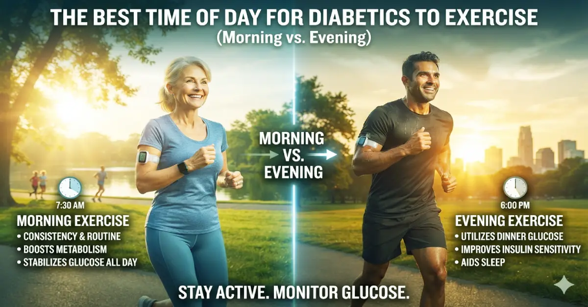 A dual-concept illustration for diabetic fitness showing a senior man active at two different times: on the left, jogging on a sunny park path labeled 'MORNING' (7:00 AM), and on the right, walking calmly on a twilight path labeled 'EVENING' (7:00 PM). The center features a stylized molecule graphic indicating glucose balance.