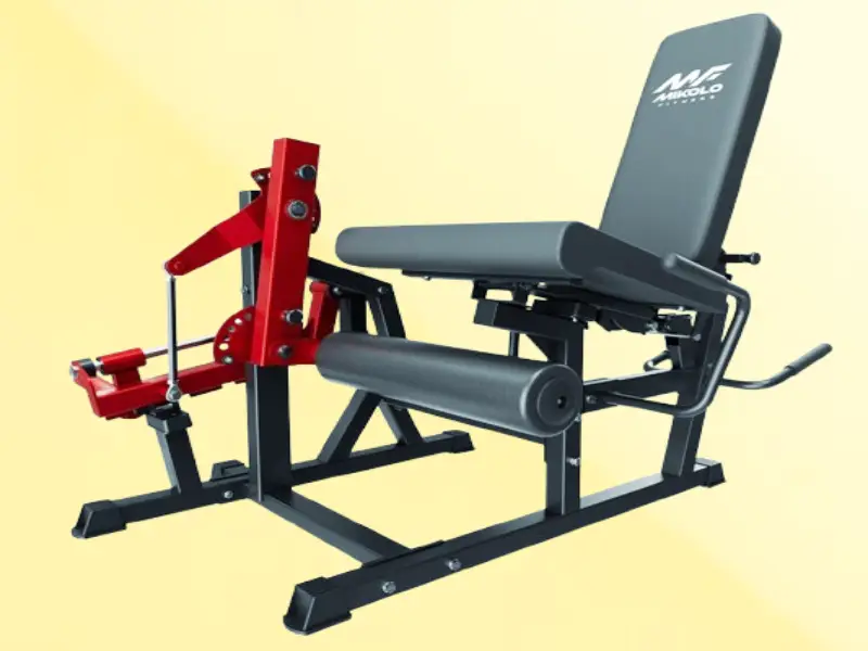 Close-up of the adjustable foam rollers and weight plate post on the Mikolo leg extension and curl machine.