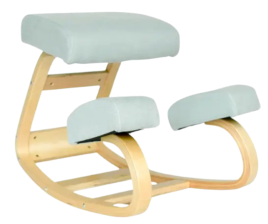Sleekform rocking desk stool with blue fabric cushions and natural birch wood frame