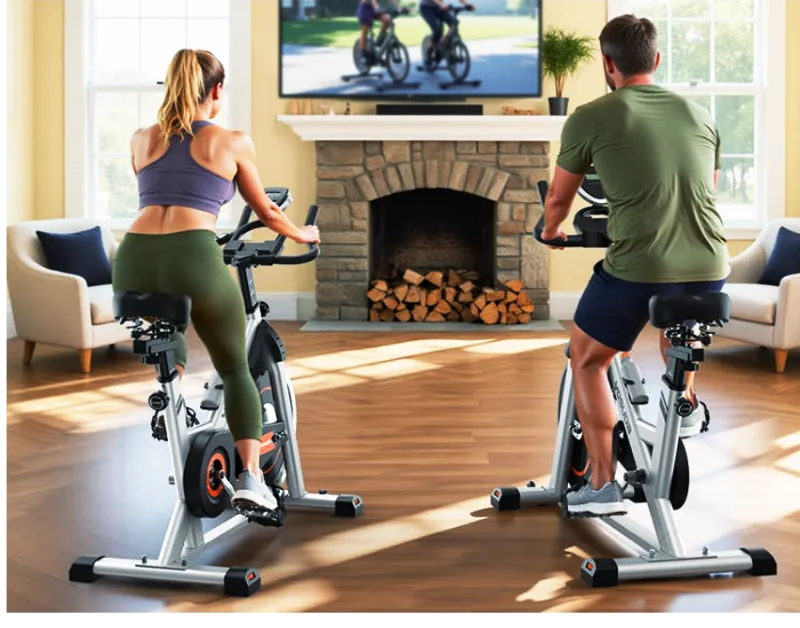 Middle-aged woman in athletic wear working out on a stationary exercise bike as part of a diabetes health routine.