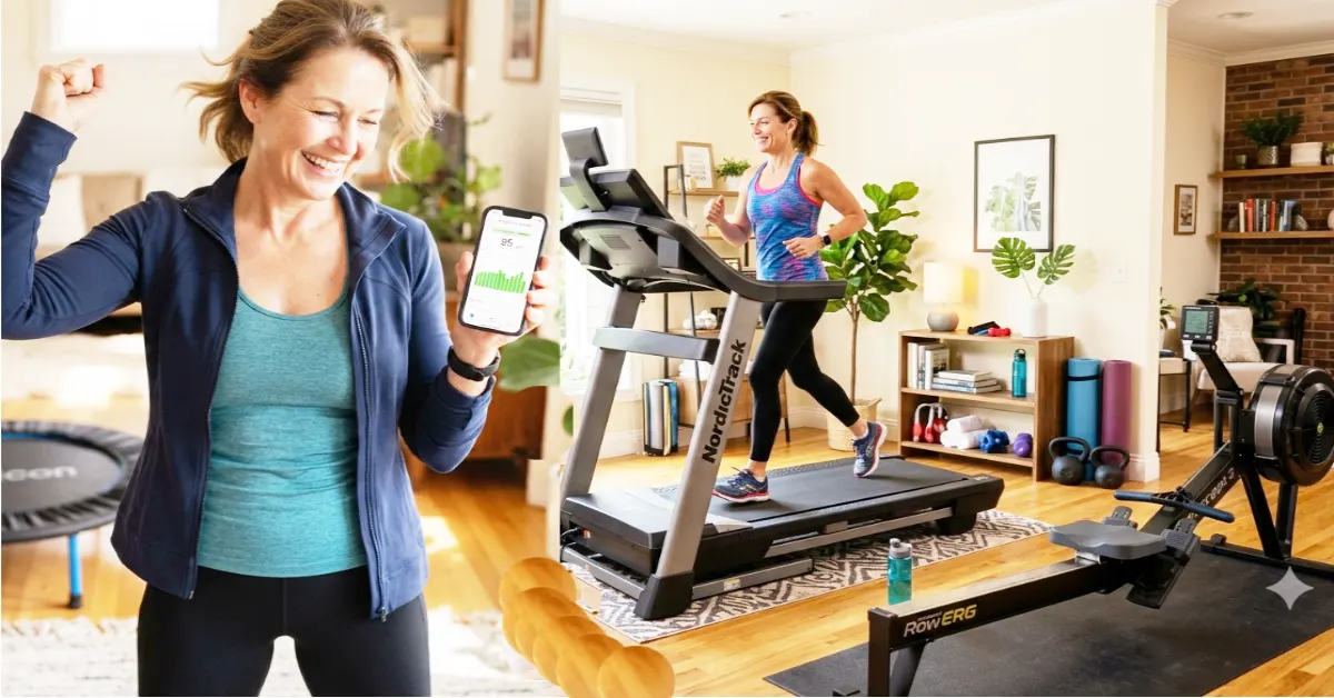 A middle-aged American woman happily exercises in a bright, fully equipped home gym, featuring a NordicTrack treadmill, a Schwinn recumbent bike, and a Concept2 rowing machine.