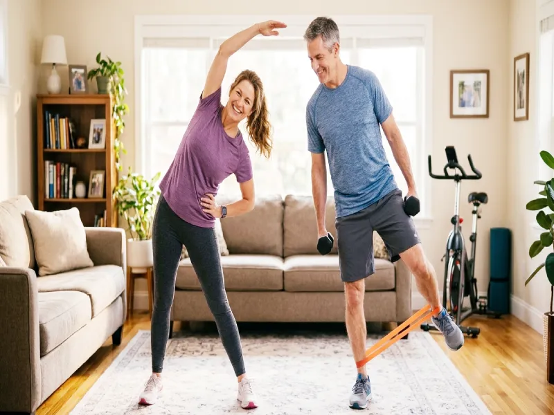 Senior with diabetes doing simple strength exercises at home